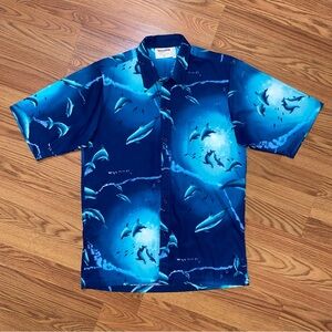 Vintage Robert Wyland AOP Dolphin Print Hawaiian Shirt Size M Animals Nature